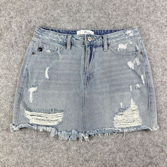 KanCan Mini Jean Skirt Womens M Blue Light Wash Destroyed Raw Hem Preppy Boho - Picture 1 of 10